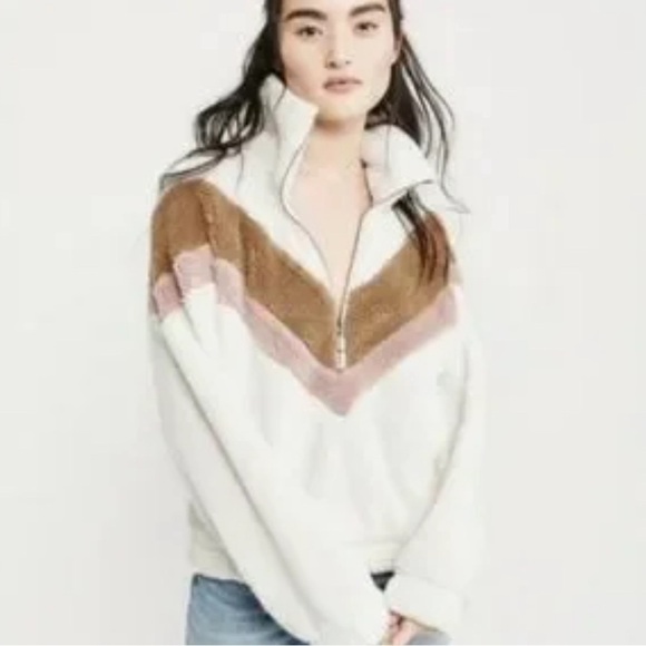 Abercrombie & Fitch | Pink & Brown Chevron Sherpa Quarter Zip Pullover Medium - Picture 2 of 9